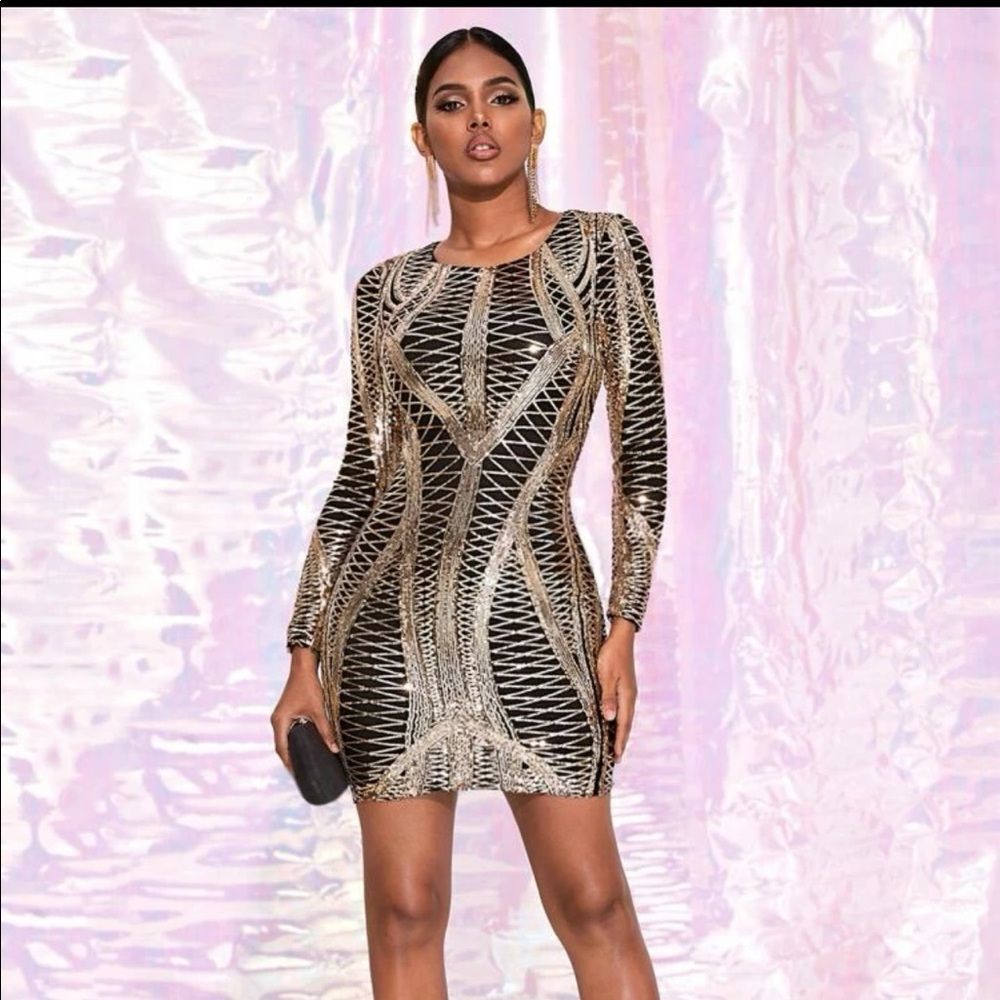 Zip Back Geo Sequin Bodycon Dress